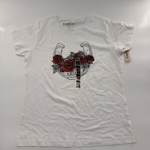Ariat Vintage Roses T Shirt White Large Women’s Short Sleeve Western Horse Shoe